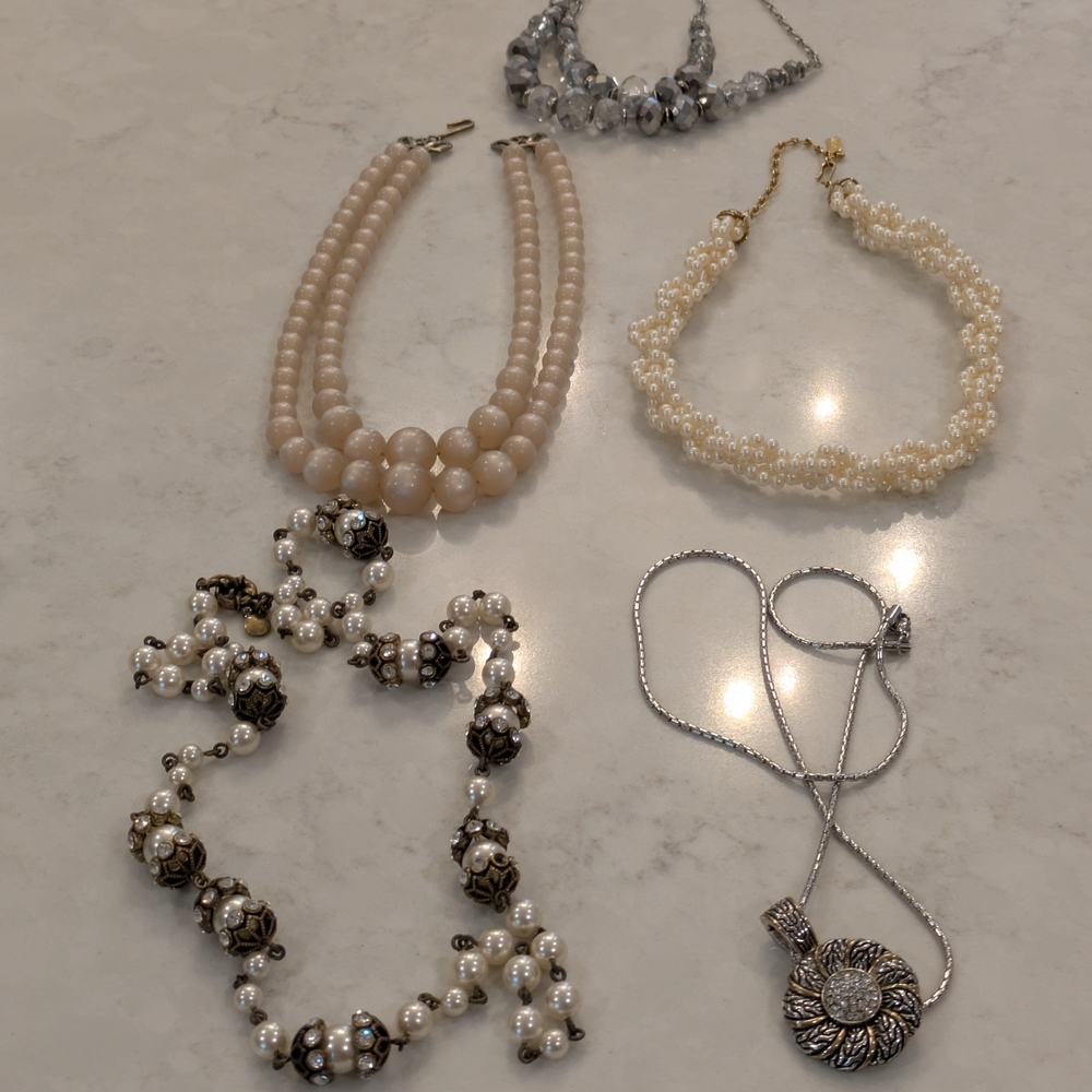 Lot Of 5 Chic Silver and Cream Necklace Collection